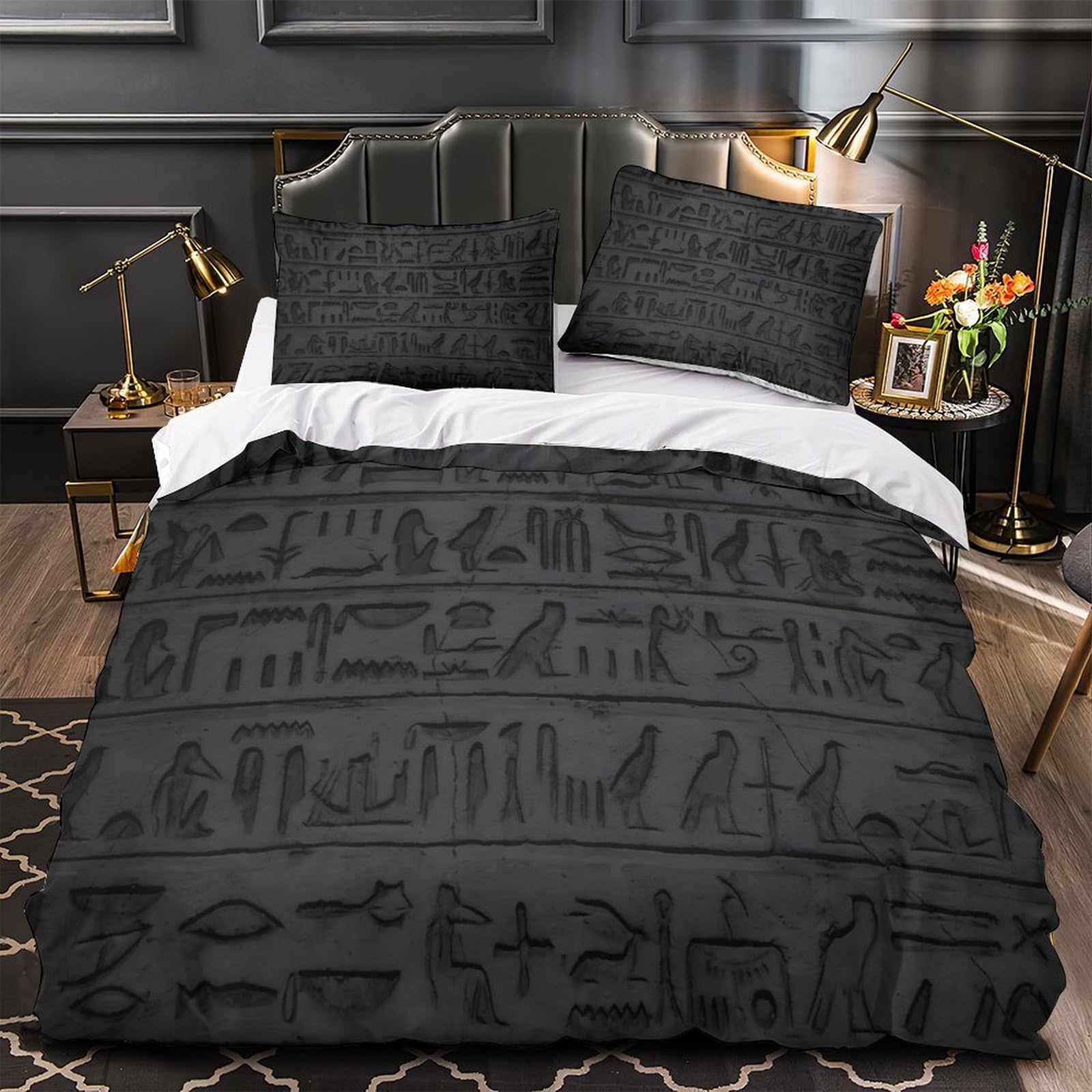 Ancient Hieroglyphs Quilt Cover 3D Print Anti-allergic 3 Pieces Bed Set Hidden Zipper Egyptian Script Duvet Cover Ultra Soft Washable for Adults Kids Teens Women Youth Teenagers Double（200x200cm）