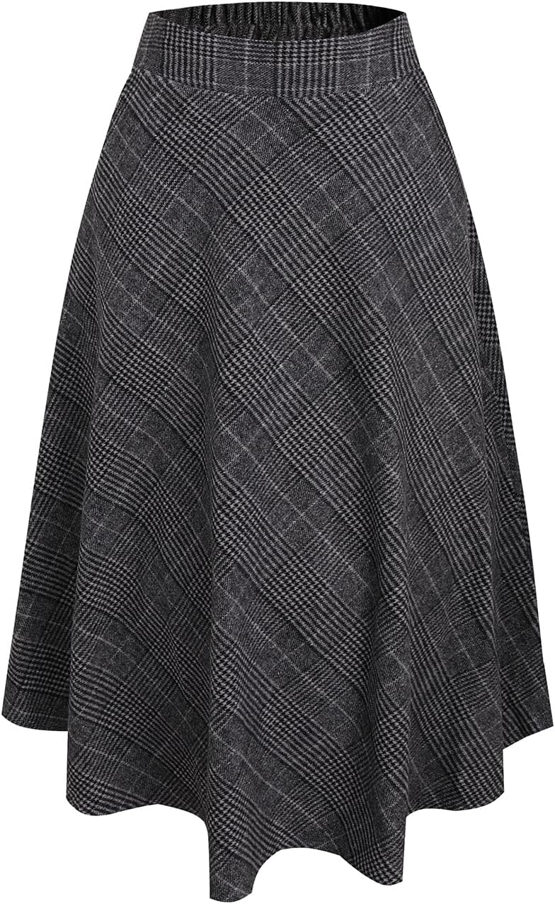Womens Plaid Wool Long Skirt Vintage High Waist A-line Fall/Winter Midi Skirt
