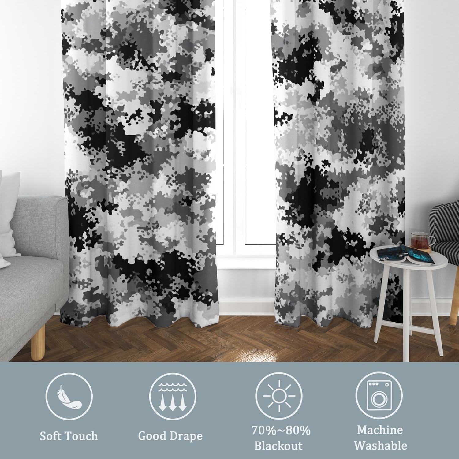 Kids Gray Camo Curtains, Military Camouflage Blackout Curtains for Boys Girls Bedroom, Camo Decor Grommet Window Drapes 2 Panel Set, 28" x 63" Inch (YE219)