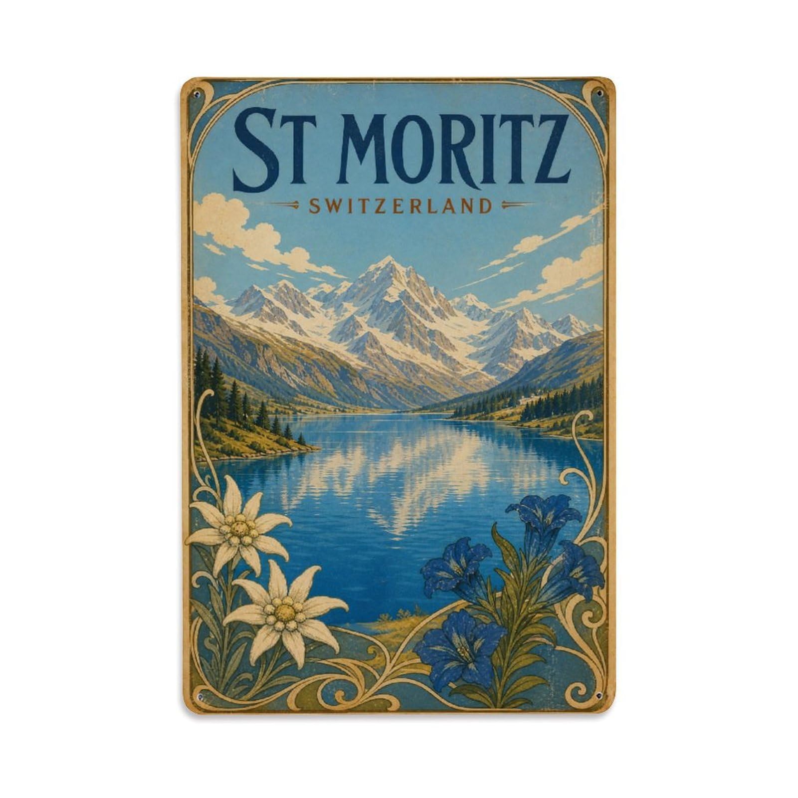 Vintage Travel Switzerland St Moritz Metal Tin Sign
