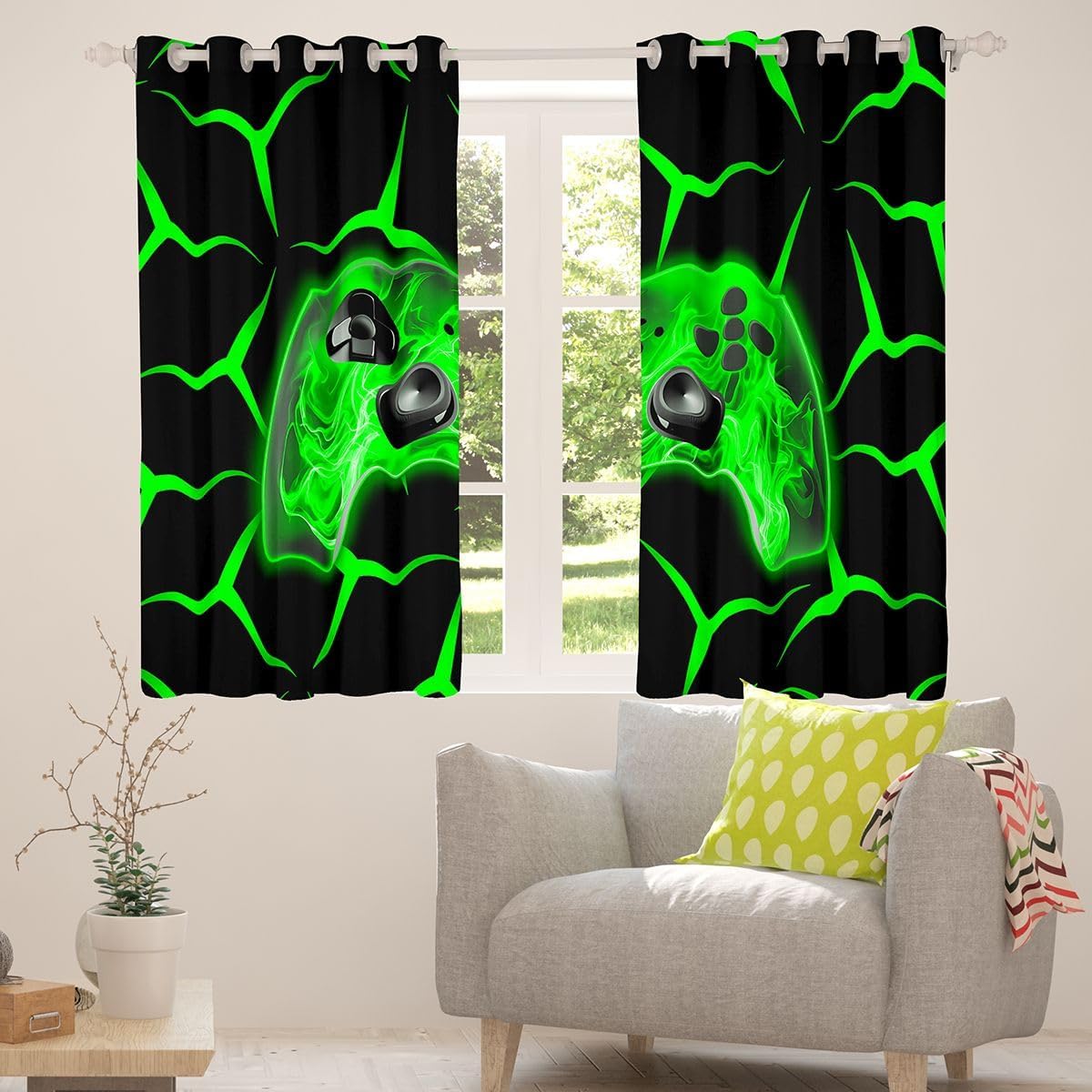 Castle Fairy Gamepad Blackout Window Drapes,Gaming Geometric Console Nursery Bedroom Playroom Decor,Video Games Flame Controller Girls Boys Room Decor,Green Black 2 Panels,42Wx90L inch image 4