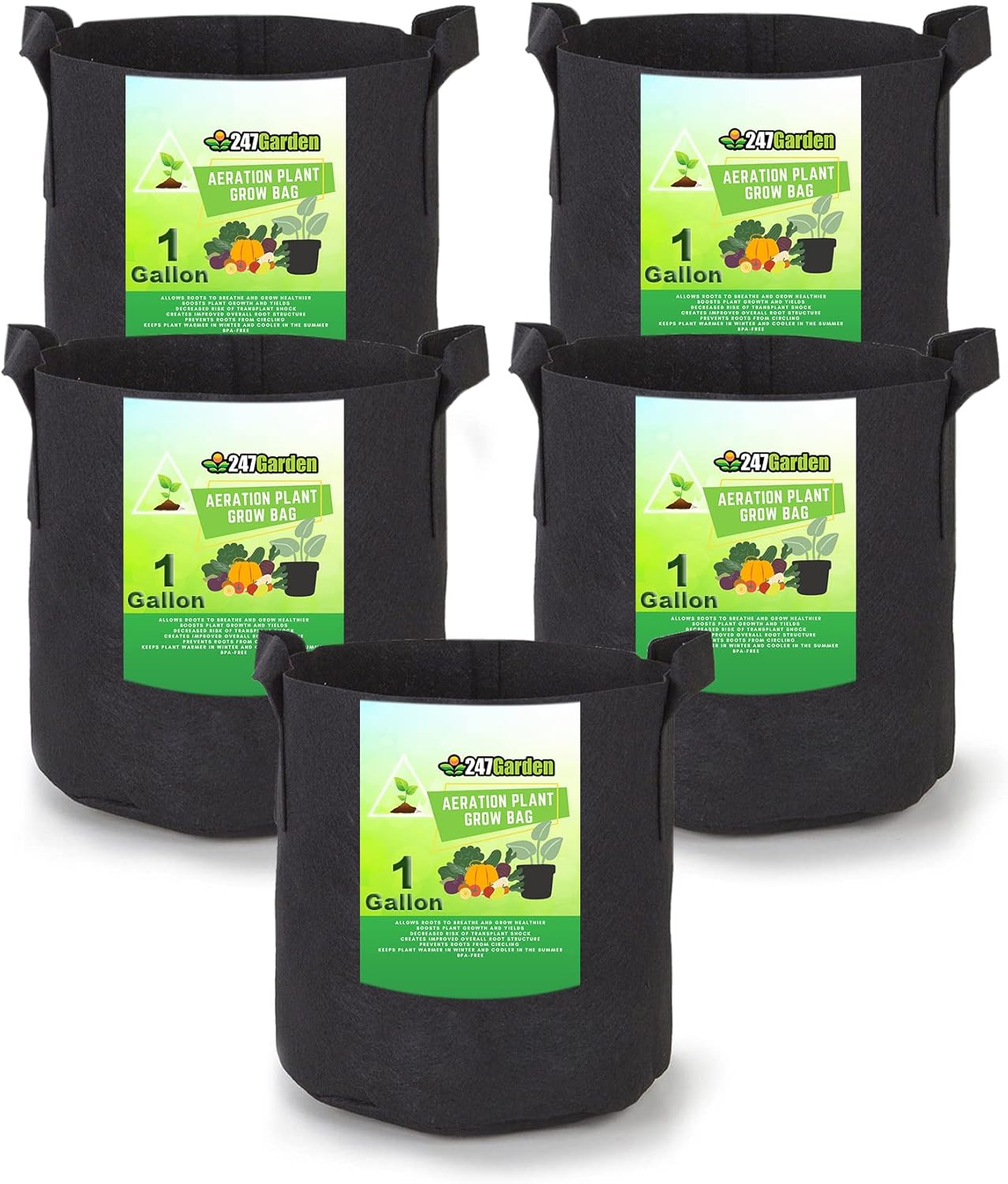 247Garden 5-Pack 15-Gallon Aeration Fabric Pot/Plant Grow Bag w/Handles (260 GSM, Black, 14.5H x 17D)