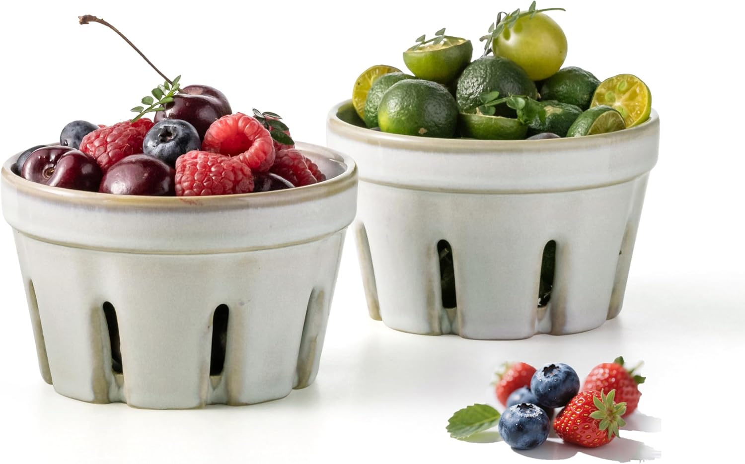 Gomakren Sugar Bowl with Lid and Spoon, Sugar Container Sugar Dish & Ceramic Berry Basket Set of 2, Round Fruit Bowl with Holes, Small Fruit Basket Containers