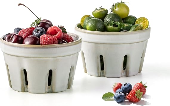 Gomakren Spoon Rest Spoon Holder For Stove Top Ceramic Black Spoon Rest For Kitchen Counter & Ceramic Berry Basket Set of 2, Round Fruit Bowl with Holes