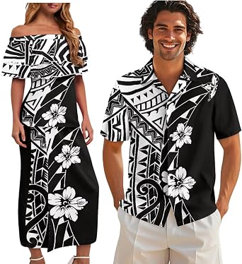 Polynesian Couples Matching Outfits Short Sleeve Puletsai Samoan Traditional Dress & Man Shirts