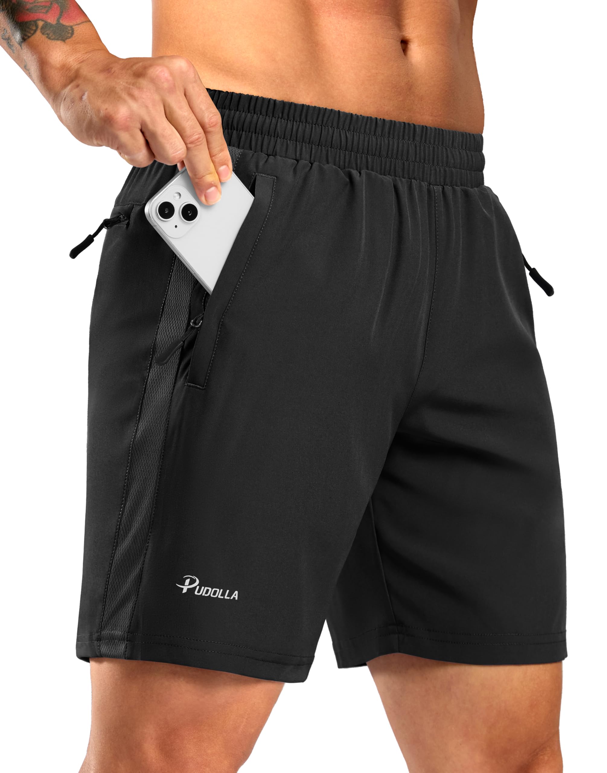Pudolla Mens Running Athletic Shorts with 3 Zipper Pockets 5 7 Gym Workout Shorts Lightweight Quick Dry for