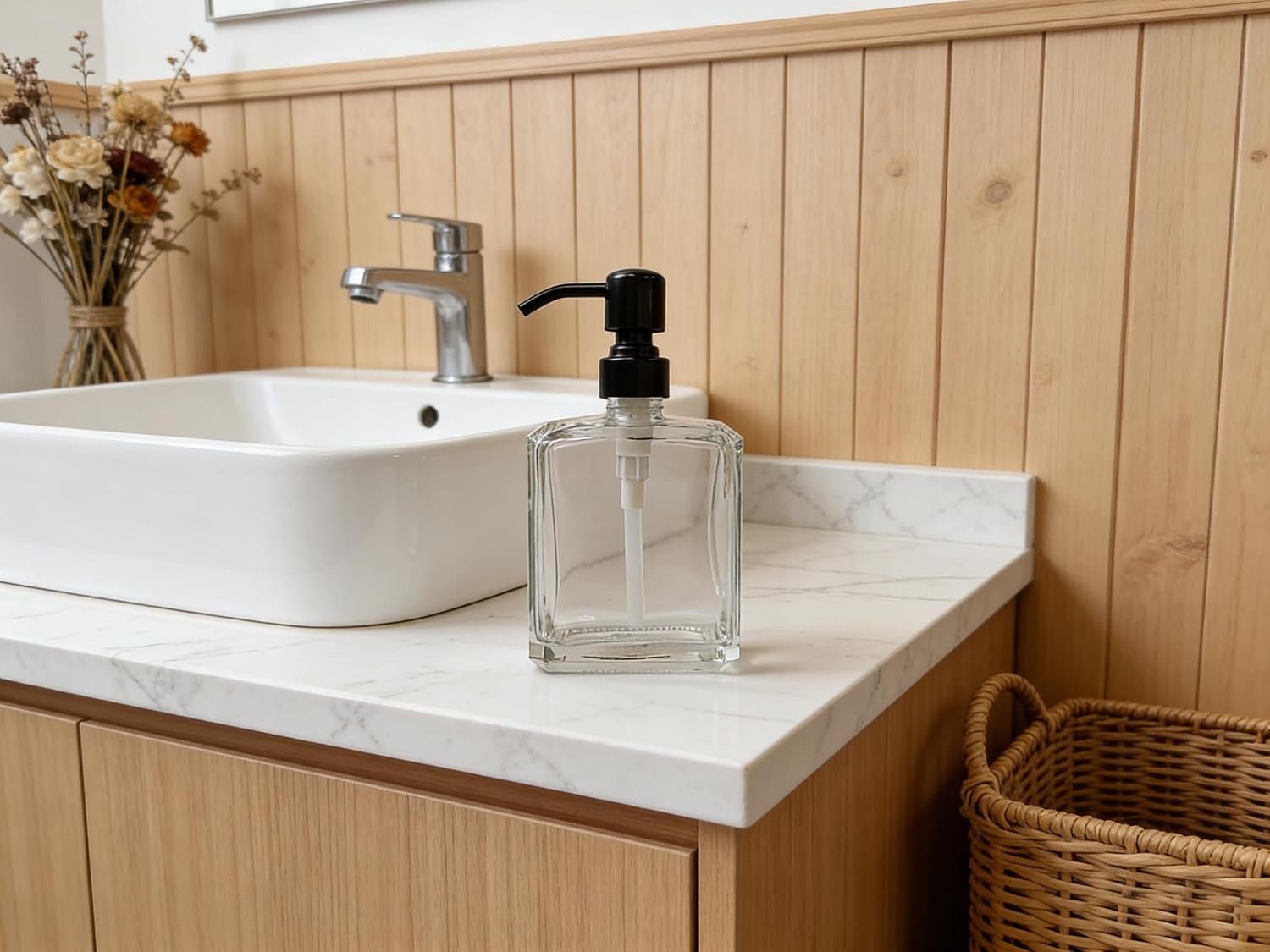 Clear Glass Soap Dispenser Rectangular, Black Pump, 13.5 oz image 4
