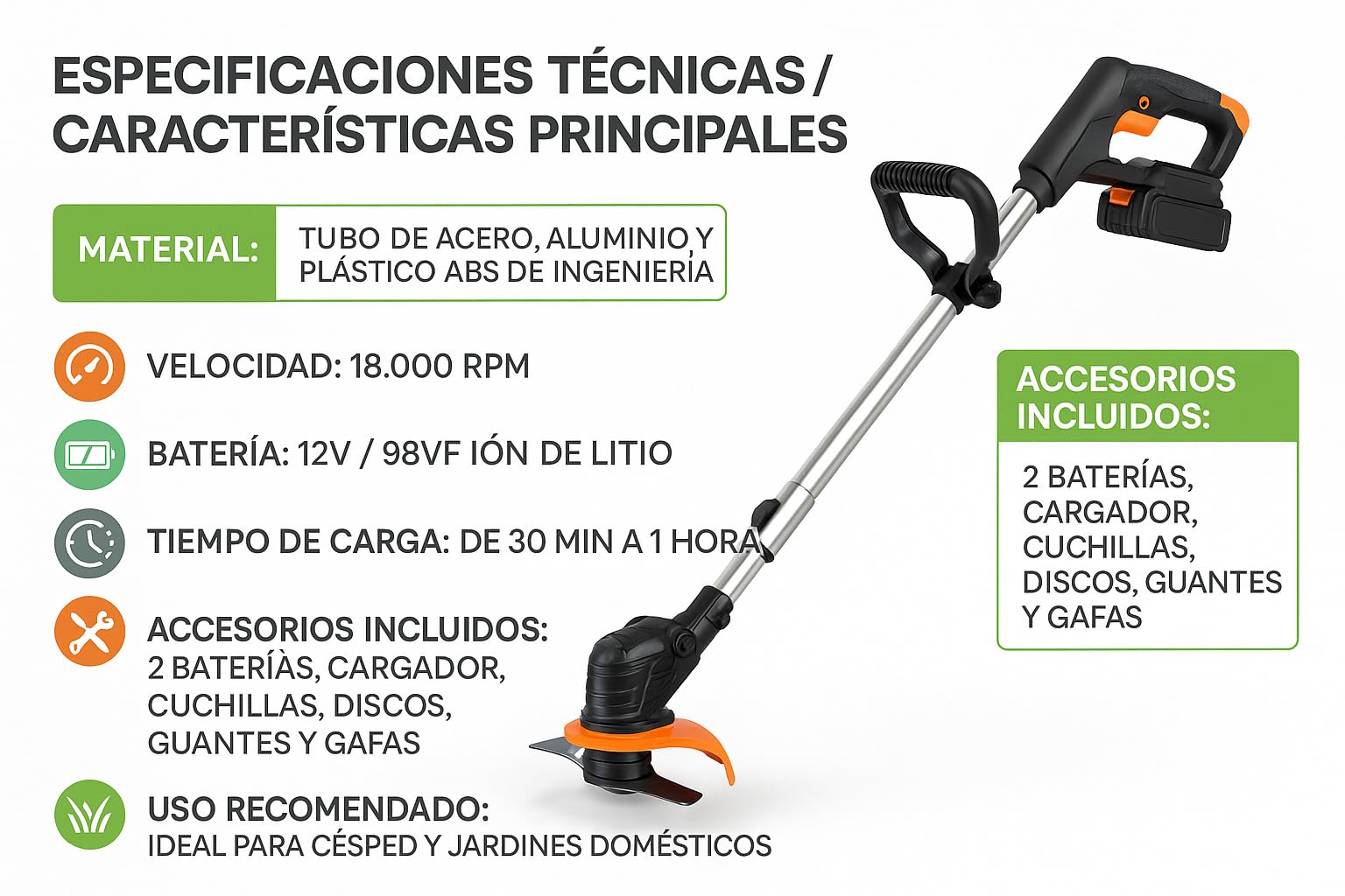 Desbrozadora Eléctrica a Batería 12V/98VF – 18.000 RPM | Incluye 2 Baterías, Cargador, Disco Metálico, Cuchillas | Cortacésped Inalámbrico Ligero y Potente | Cortabordes eléctrico