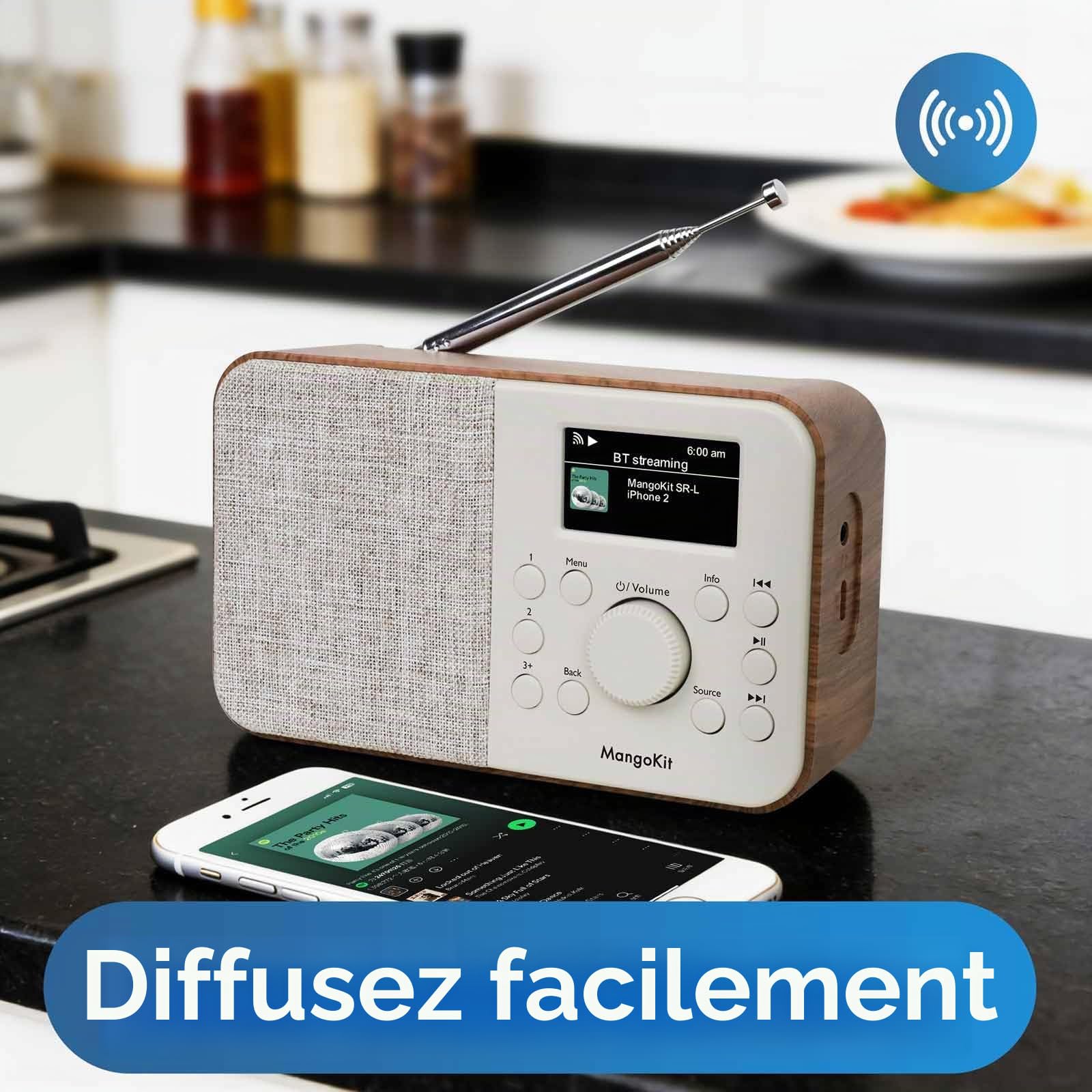 SR-L Radio Internet WiFi avec Bluetoot 5.3, FM/Dab/Dab+ Radio,Podcasts,150 Préréglages, Radio Réveil, Radio de Cuisine avec écran Couleur, Prise Casque,Alimentation Secteur ou Batterie-Noyer