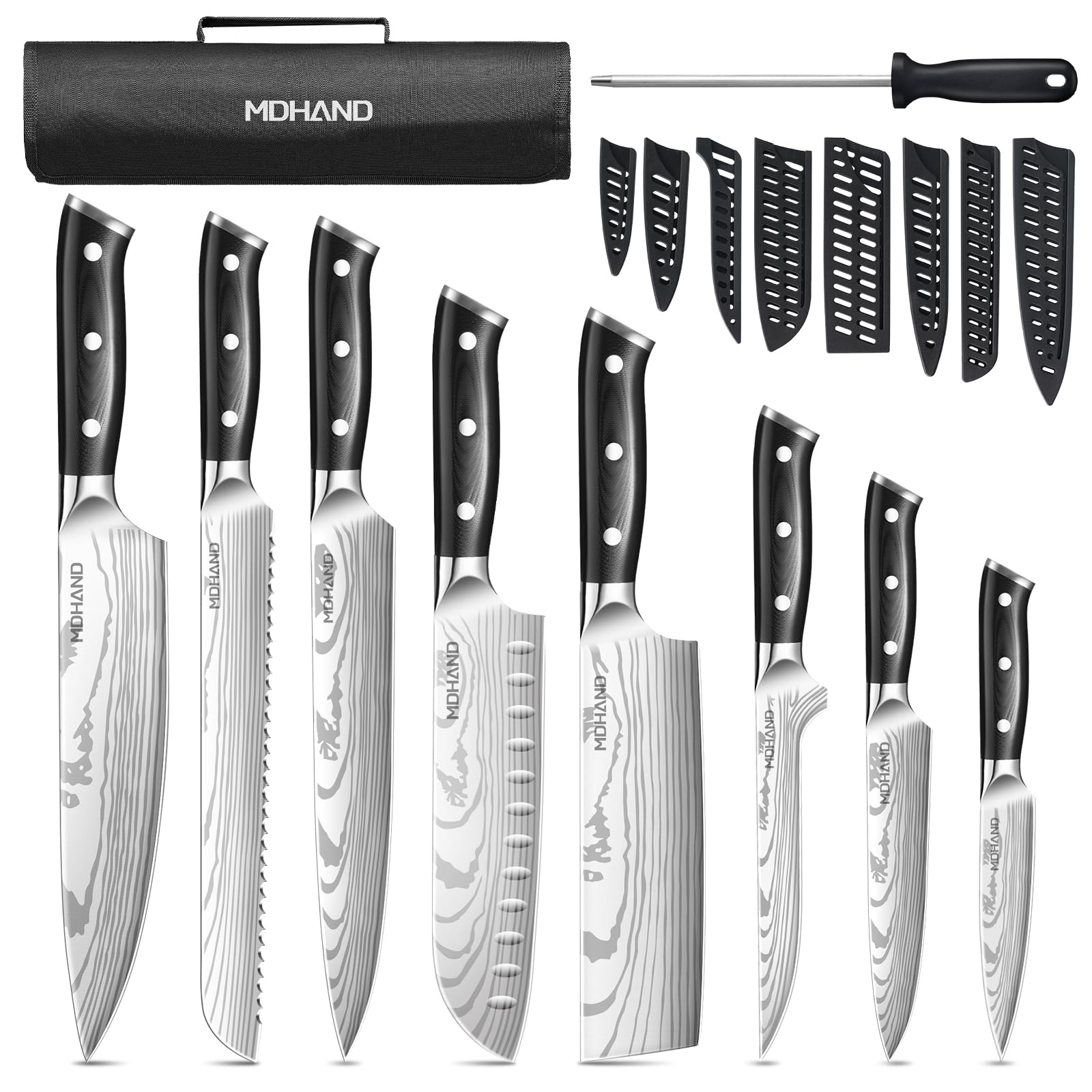 MDHAND Küchenmesser Set，8-teiliges professionelles Messerset mit Rolltasche, Extrem Scharf Profi Kochmesser Set mit Ergonomischen Pakkaholz Griffen für Haus und Restaurant