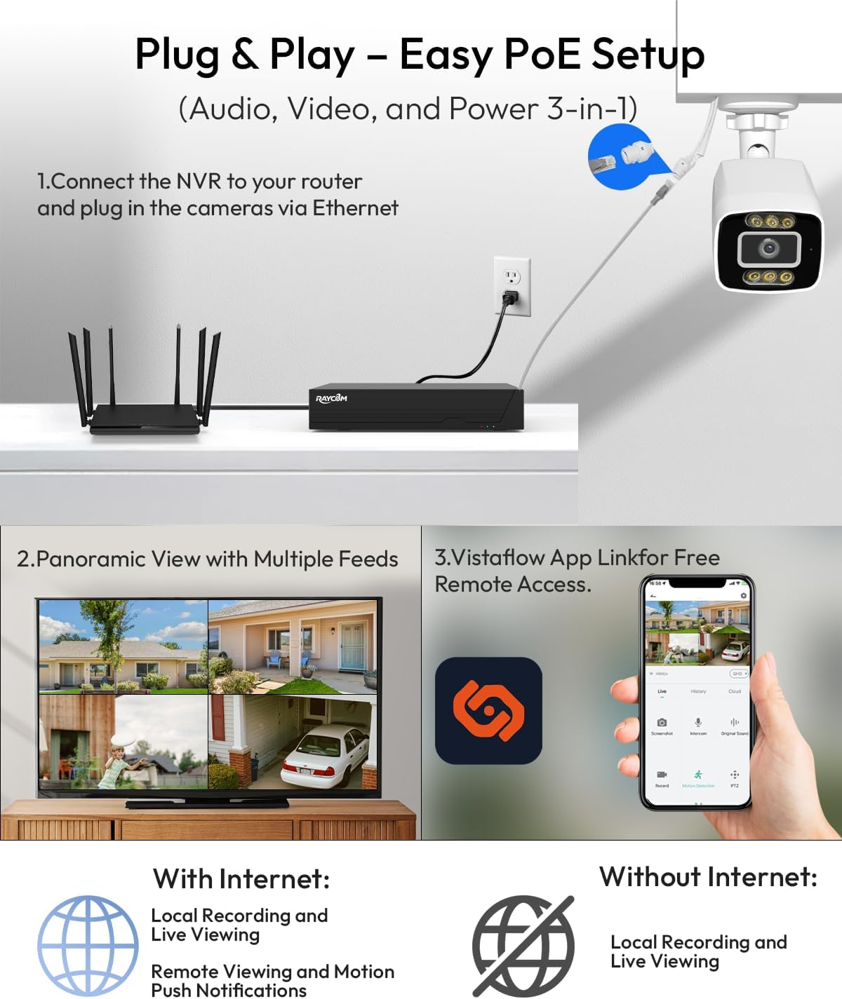 Rraycom 8CH 5MP Wired PoE Security Camera System, 6PCS Color Night Vision Outdoor IP Cameras with 3TB HDD for 24/7 Recording, AI Person Vehicle Detection, Two-Way Talk, No Monthly Fee, Vistaflow App