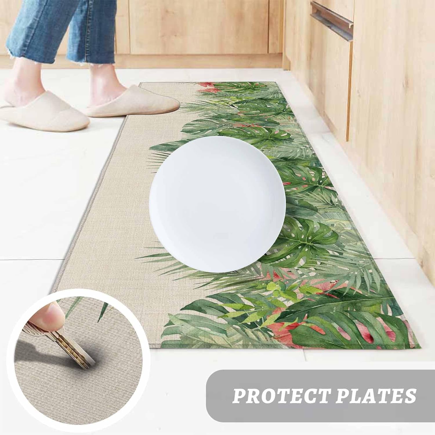Teamery Kitchen Mats for Floor Watercolor Monstera Leaves Plant Washable Non Slip Kitchen Rugs 1PCS, Tropical Leaf on Burlap Absorbent Standing Mats for Sink Bathroom Office Living Room 15.7x47.2in