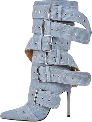 LISHAN Womens Mid Calf Stiletto Heel Boots Poitned Toe Ankle High Bootie