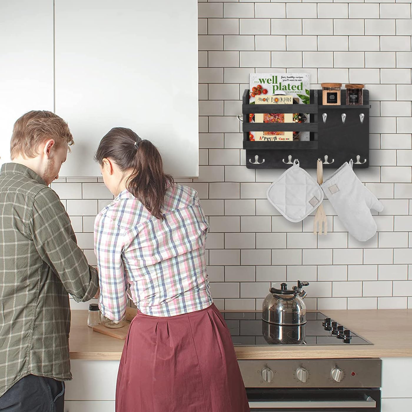 Schlüssel- & Briefhalter Aus Holz – 5 Doppelhaken, Mit Kreidetafel & Schwebendem Regal, Bauernhaus-Design