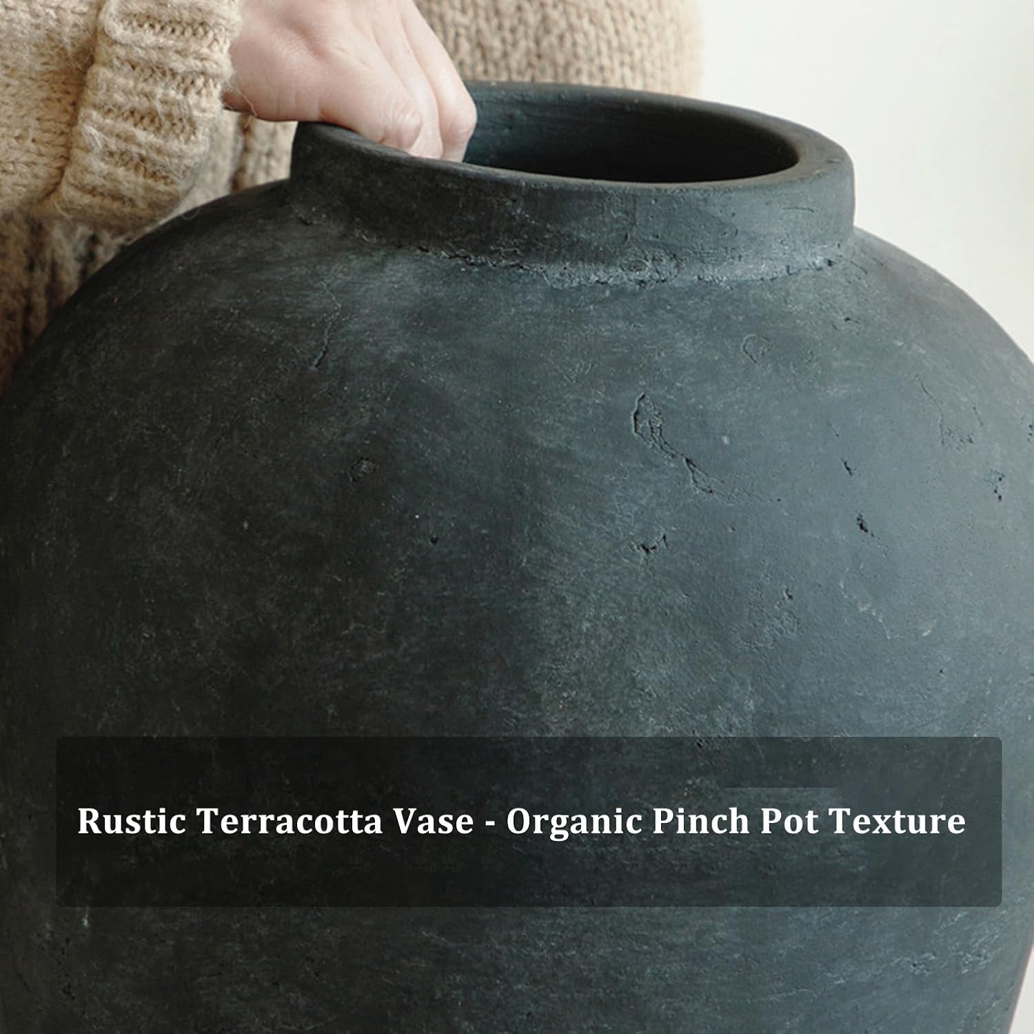 Large Ceramic Vase, 11" Rustic Farmhouse Terracotta Vase for Home Decor, Artisan Decorative Flower Vase for Living Room, Table Centerpiece, Bedroom (Rustic Black)