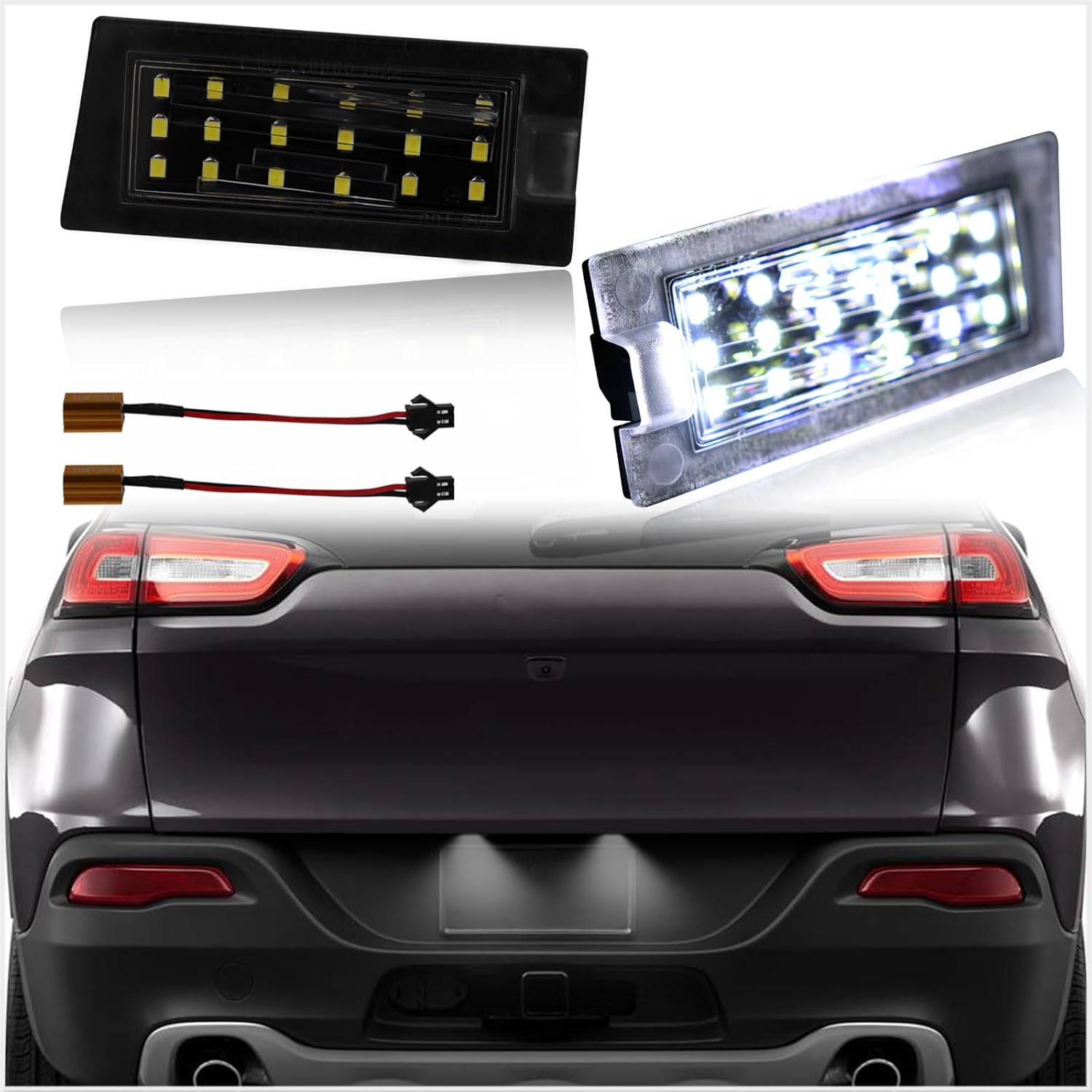 Full LED License Plate Light Tag Lamp Assembly Compatible with Jeep Cherokee SUV 2014-2018 White light 2-Piece Replacement