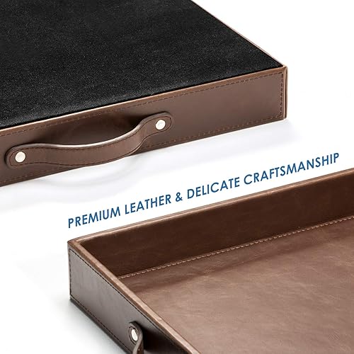 Miniatura 3 de Ranslen Bandeja cuadrada de cuero para servir con asas, bandejas de mesa de 15 x 15 pulgadas para mesa auxiliar otomana, bandeja decorativa para el
