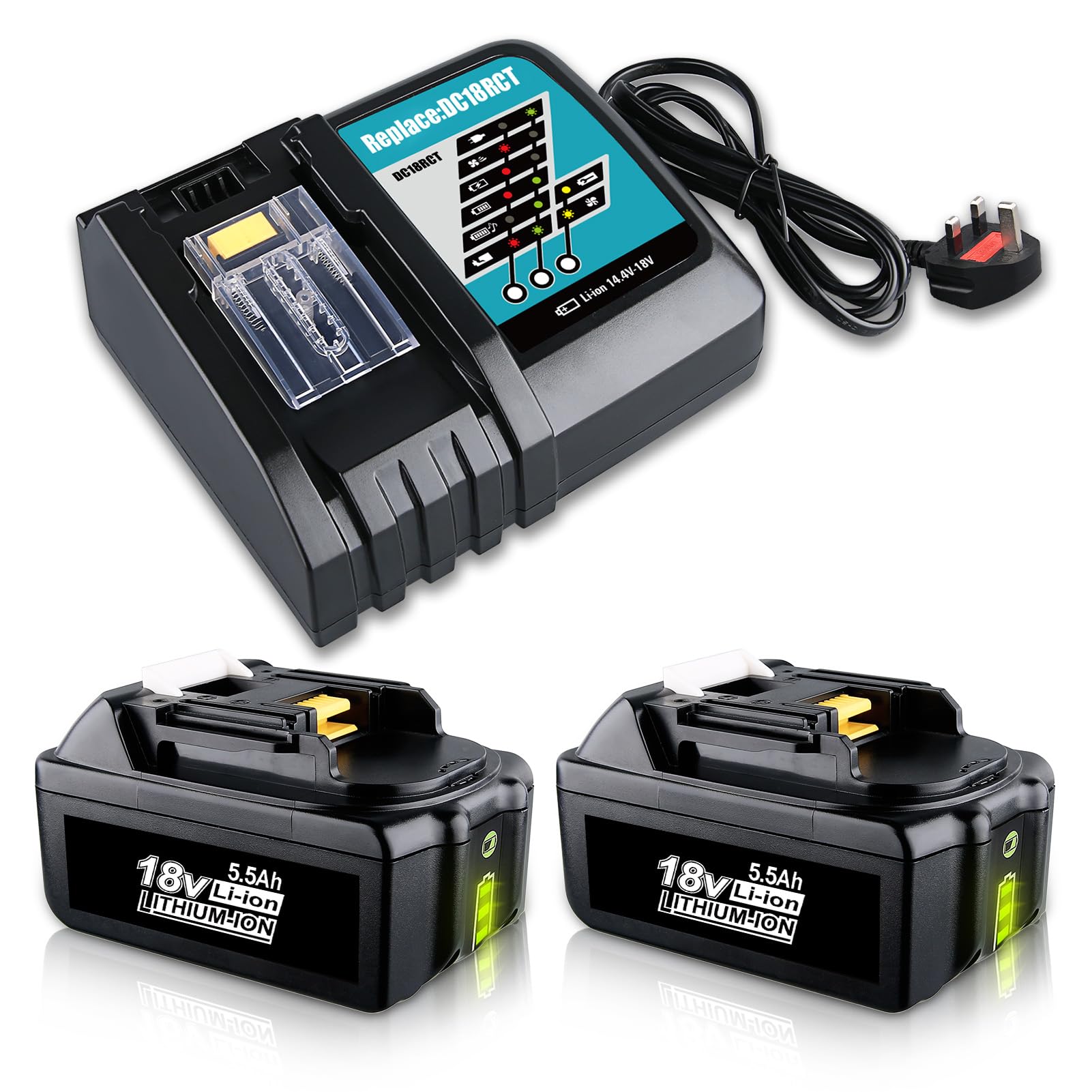 2Packs BL1860B 5.5Ah Replacement for Makita battery 18V +DC18RC 14.4V-18V 3.0Ah Charger Compatible with 14.4V-18V BL1860 BL1850B BL1430B BL1415 tool battery(BL1860B 5.5 * 2 +DC18RC 3.0 * 1)