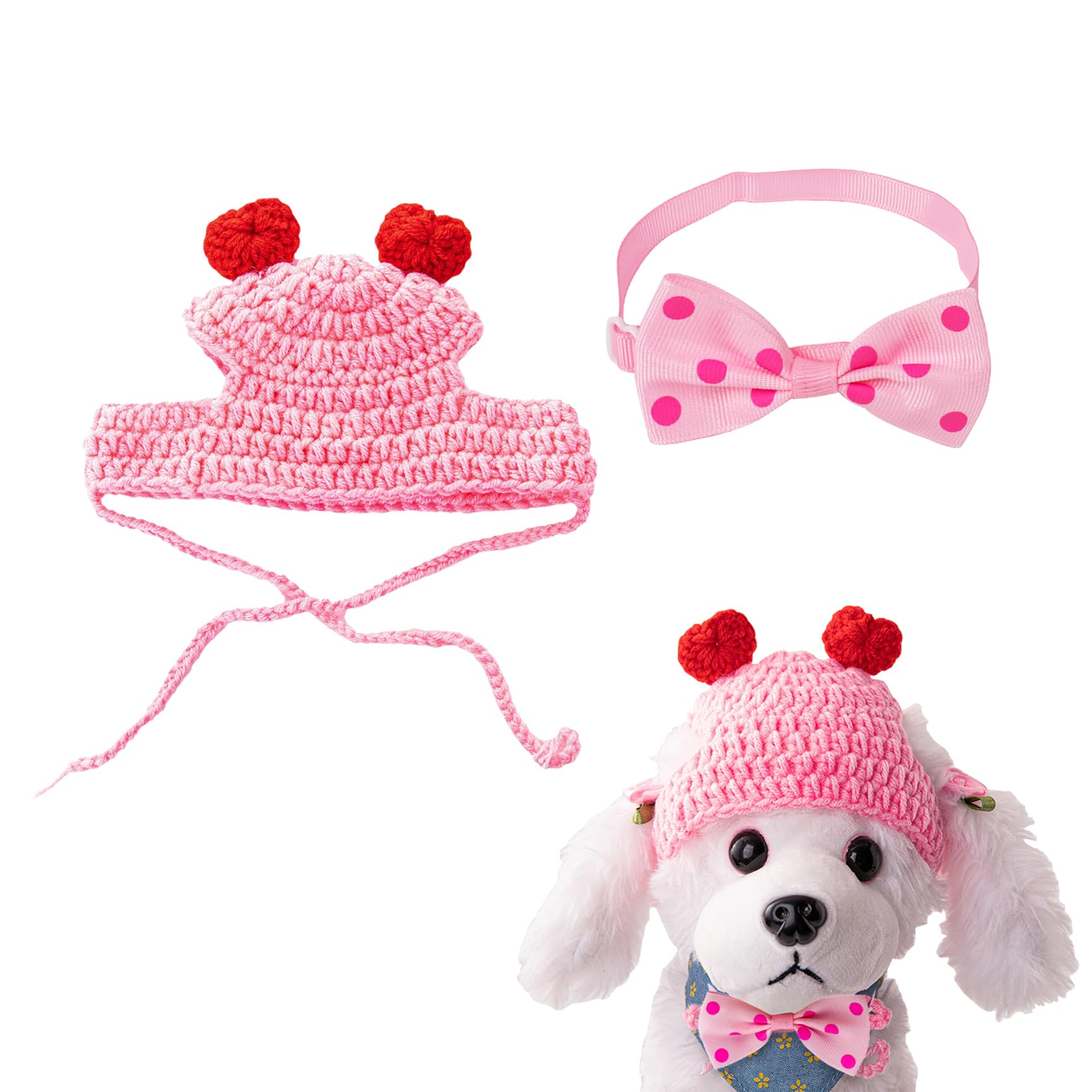 Qaziuy Dog Bow Tie & Hat Set for Small Dogs Valentine's Day Costume Accessories, Pink, Cartoon, Polyester & Wool