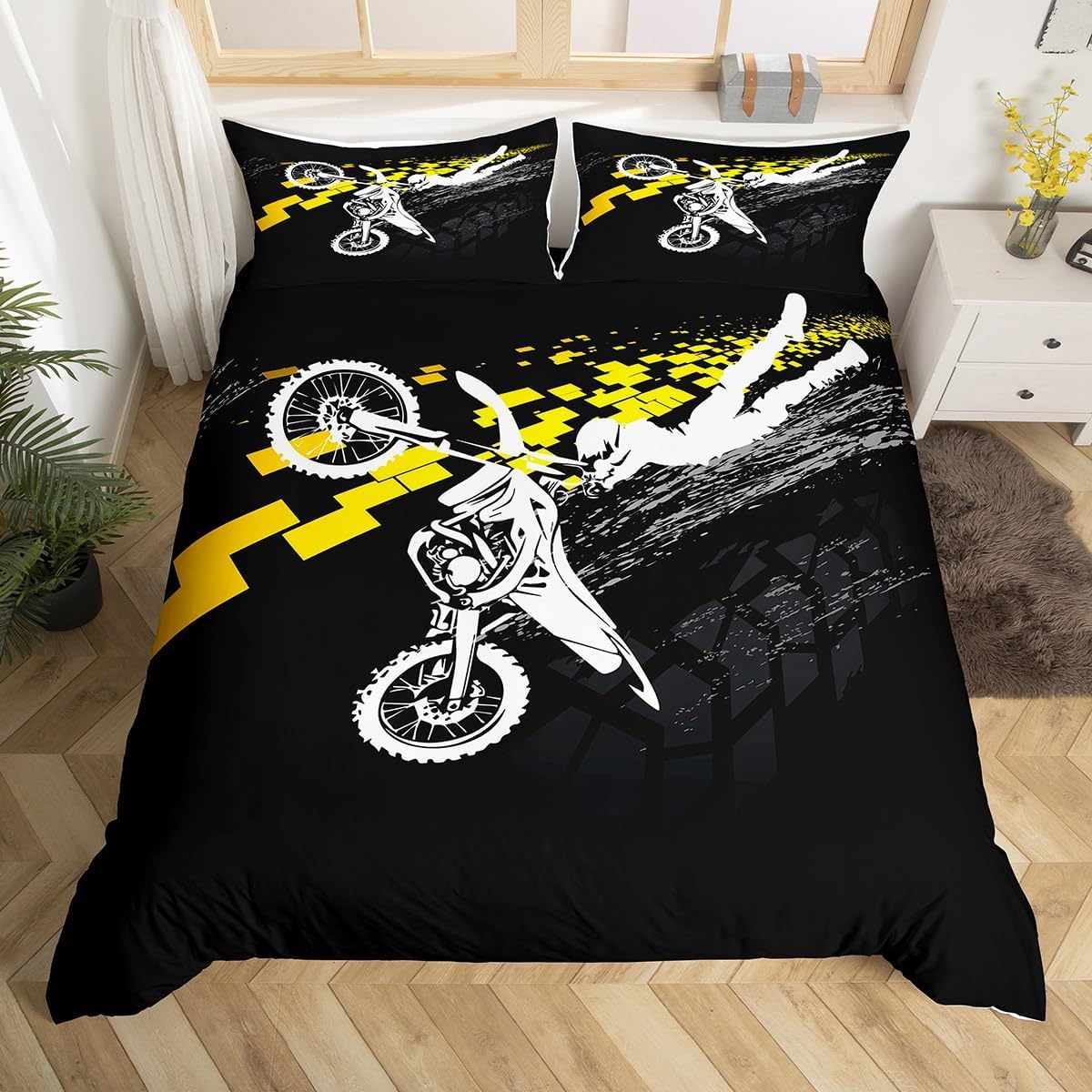 Erosebridal Dirt Bike Comforter Cover Queen Size Motorcycle Rider Duvet Cover Racing Motorbike Comforter Cover Racer Motocross Extreme Sports Quilt Cover Geometric Bedspread Cover for Kids Boys
