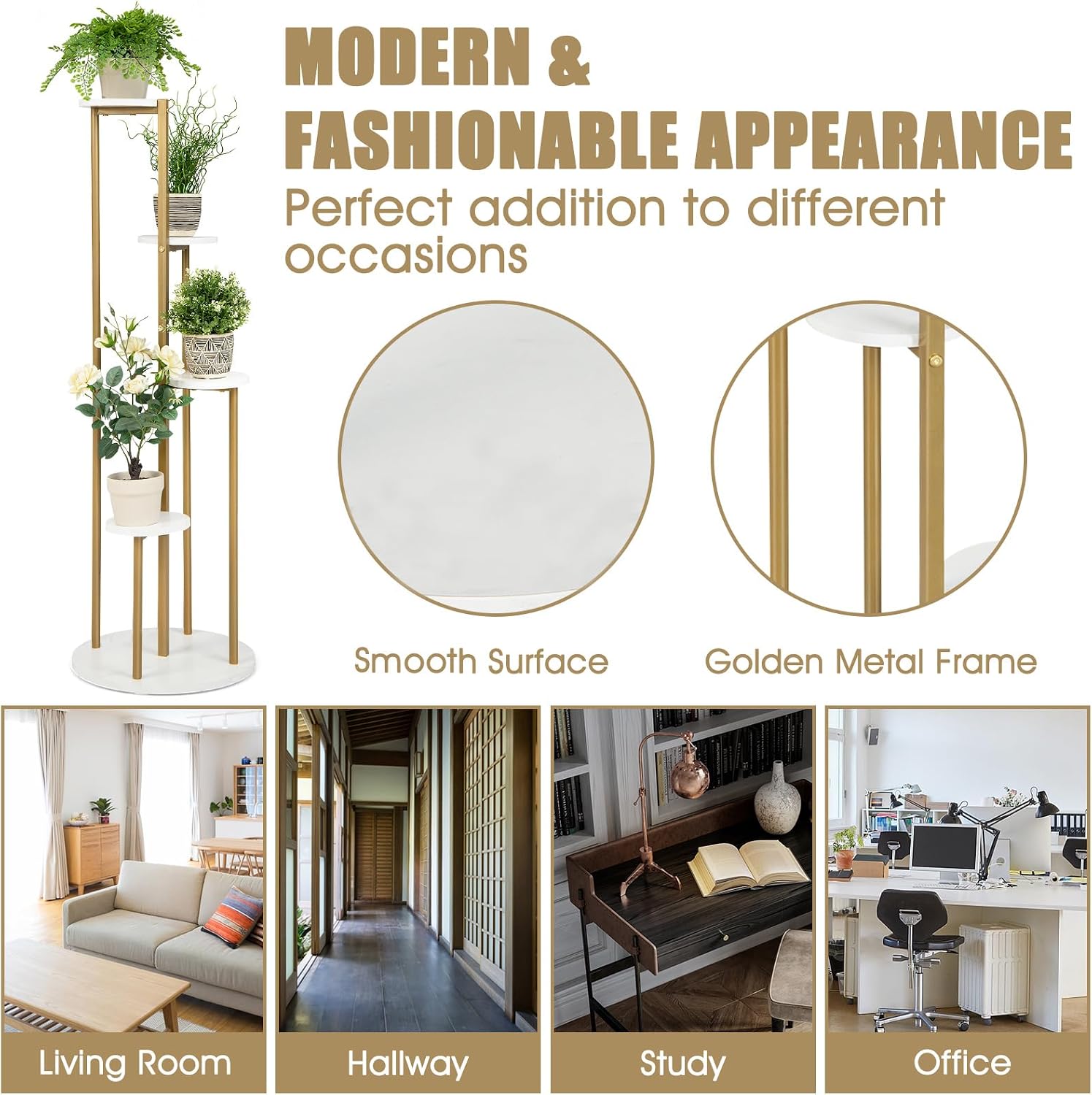 HAPPYGRILL 4-Tier Plant Stand Indoor, Metal Planter Holder with Golden Metal Frame & Footpads, 48.5” Potted Planter Display Rack, Tall Corner Plant Stand for Office, Balcony, Home Decor