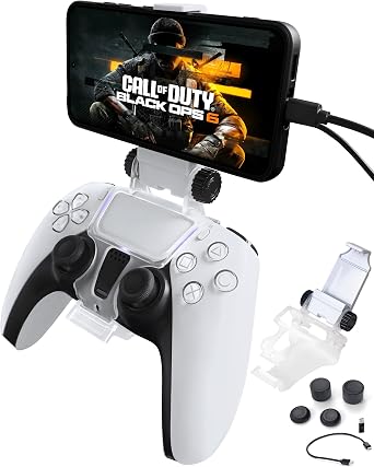 Joso Phone Mount for Ps5 Controller, Remote Play Mobile Gaming Phone Holder for Dualsense controller, Adiustable Gamepad Clip with 4 Thumbstick Grips