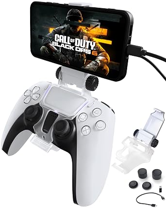 Joso Phone Mount for PS5 Controller, Remote Play Mobile Gaming Phone Holder for Dualsense Controller, Adjustable Gamepad Clip with 4 Thumbstick Grips