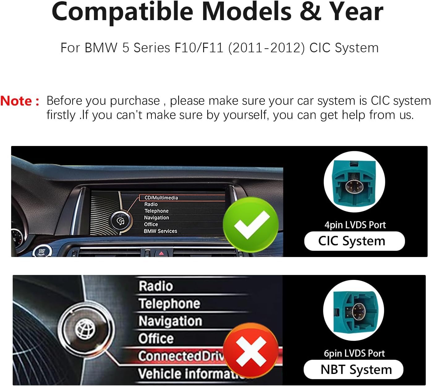 Compatibility check for BMW CIC vs NBT systems, showing 4-pin LVDS port for CIC and 6-pin for NBT