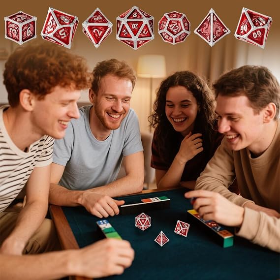 Metal Dice Set, Fly Dragon Pattern, 7pcs Polyhedral Metal DND Dice Set, DND Starter Set, D&D Gifts with Gift Bag, Role Playing Board Games Accessories, Red