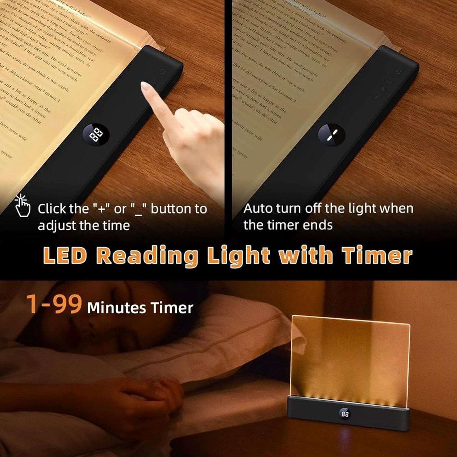 Genérico Book Light, Rechargeable Clear LED Flat Reading Light with 3 Colors and Timer, Dimmable Panel Plate Lamp, Full Page Lights for Reading in Bed at Night