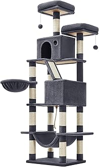 Feandrea Cat Tree, 206 cm Large Cat Tower Condo with 13 Scratching Posts, 1 Scratching Ramp, 2 Perches, 2 Caves, Basket, Hammock, Pompoms, Smoky Grey PCT190G01V1