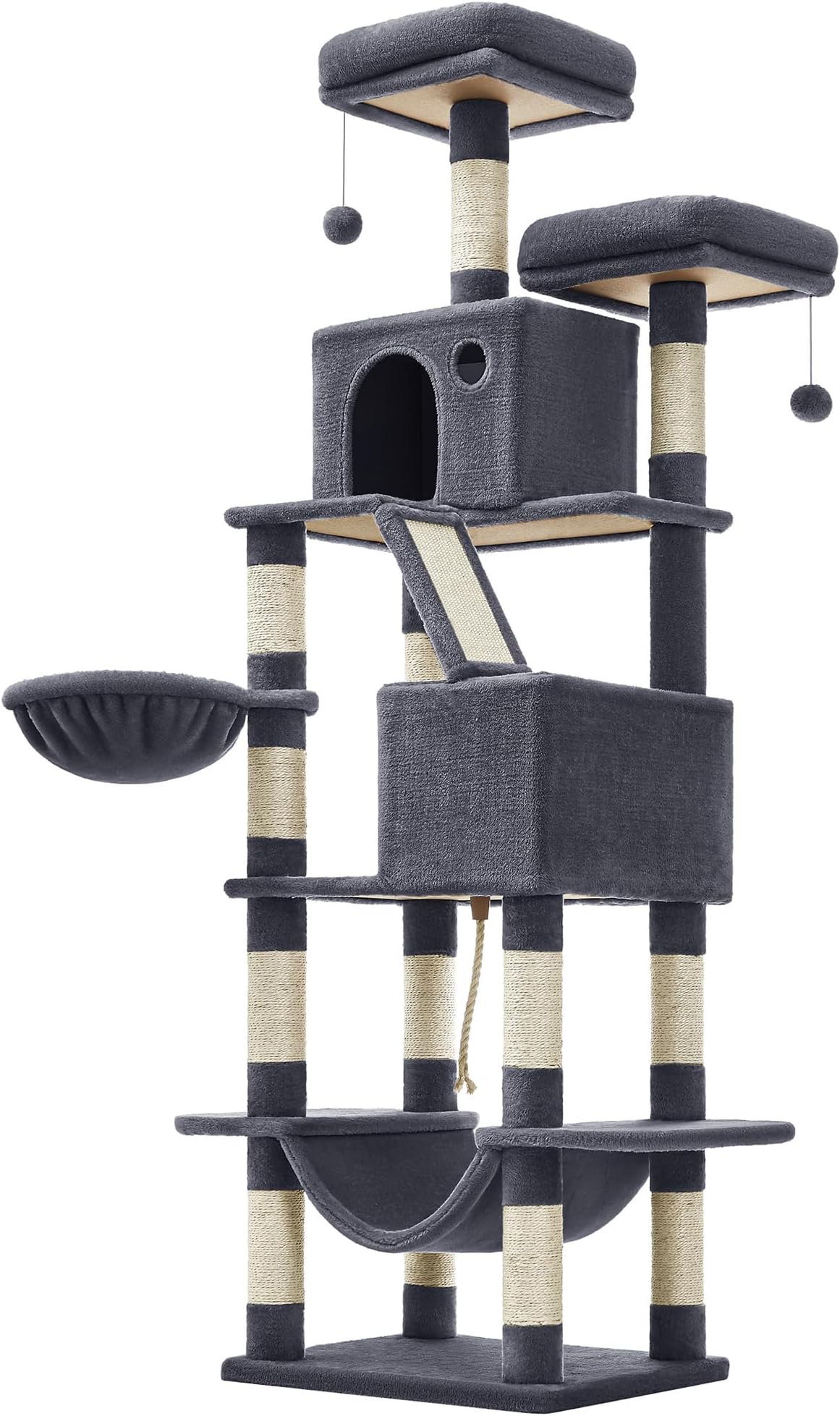 Cat Tree, 206 cm Large Cat Tower Condo with 13 Scratching Posts, 1 Scratching Ramp, 2 Perches, 2 Caves, Basket, Hammock, Pompoms, Smoky Grey PCT190G01V1