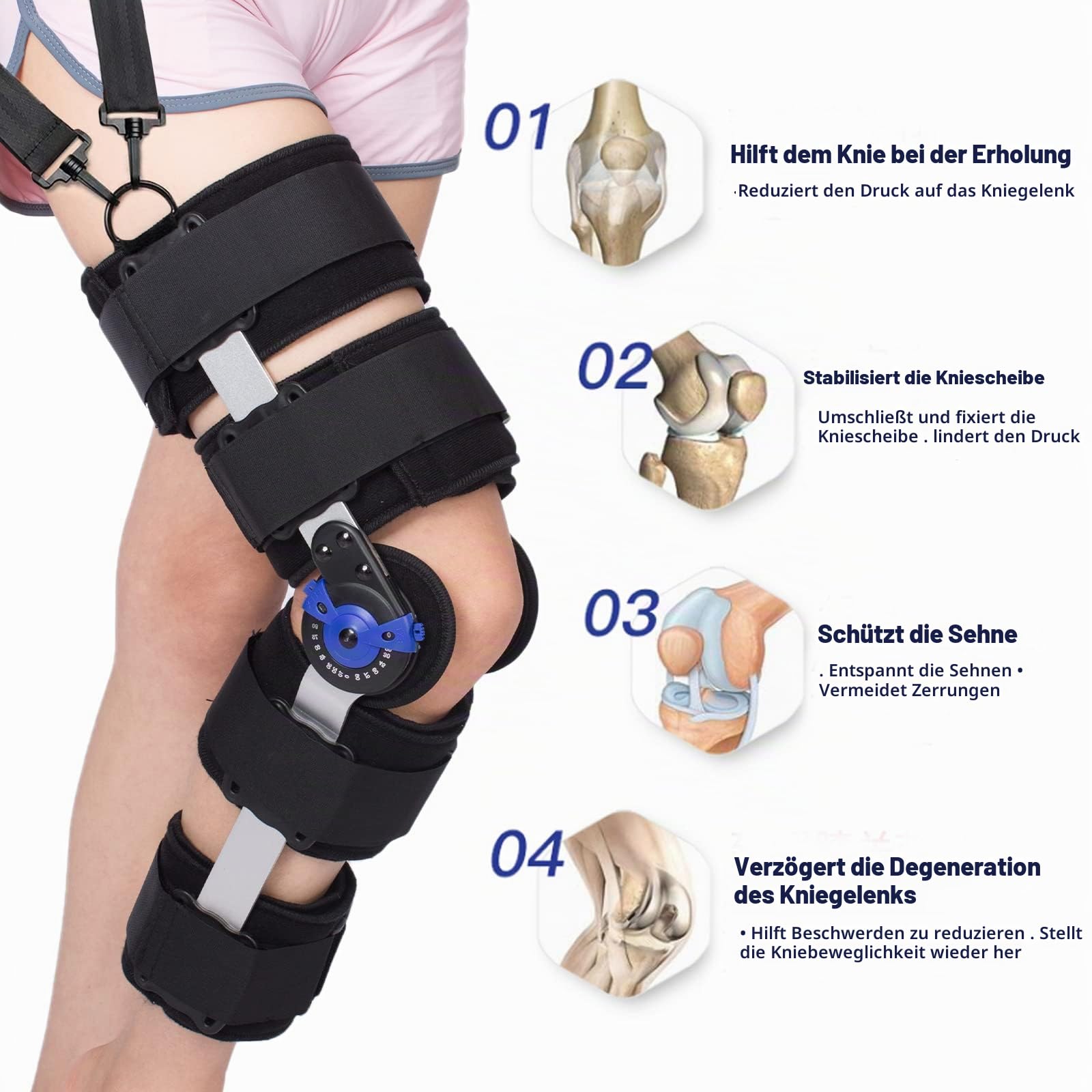 Knieorthese Verstellbare Knieschiene Stabilisierung ROM Post-Op Knie-Wegfahrsperre Verstellbare Knie-Wegfahrsperre mit seitlichen Beinstabilisatoren für Meniskusrisse (Zusätzlicher Schultergurt)