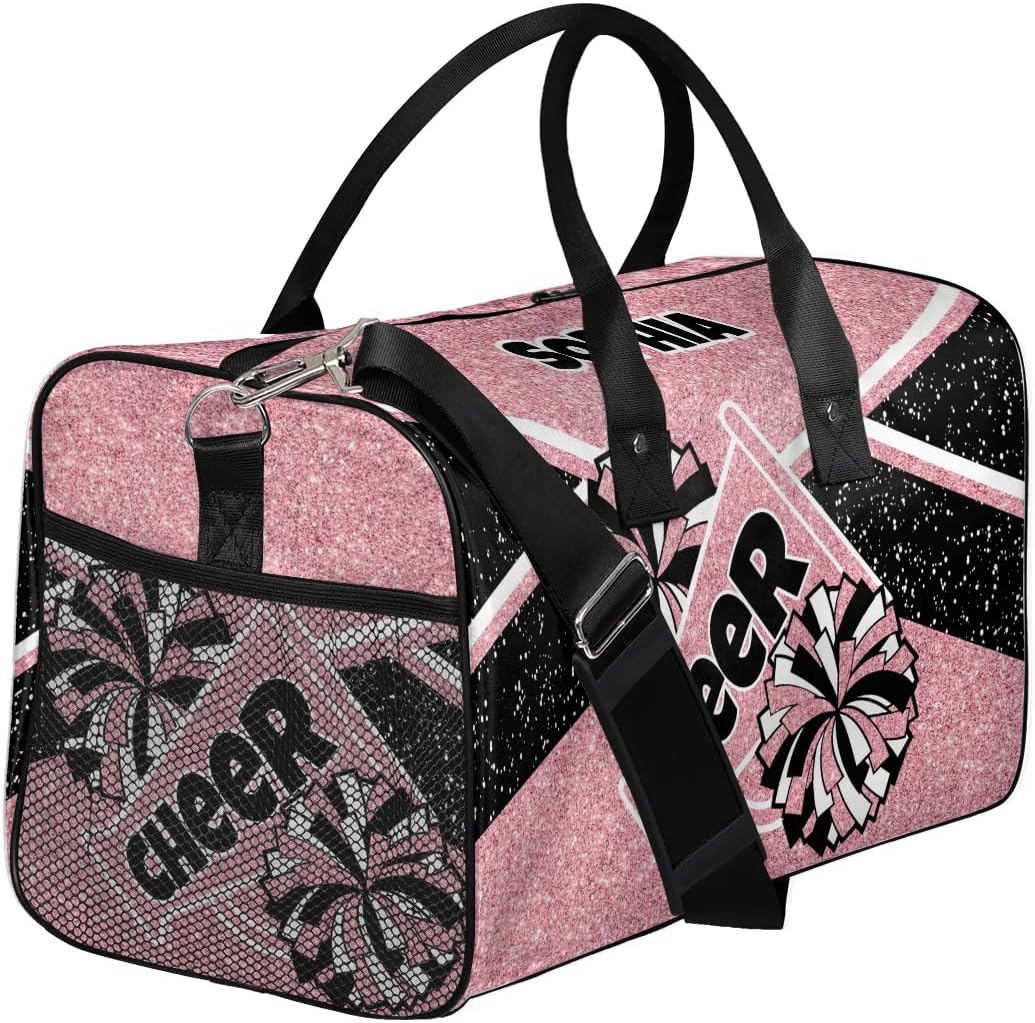Personalized Cheer Bag Sport Duffel Bag Custom Name Carry On Weekender Bag Gym Bag Sleepover Bag Athletic Bag for Women Men Travel, Glitter Coral Pink