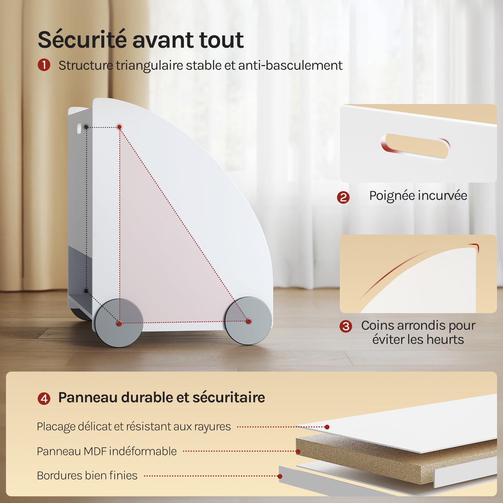WOLTU Bibliothèque pour Enfants en Bois, Étagère à 3 Niveaux | pour Livres, avec Roues pour Chambre d'enfant, Blanc