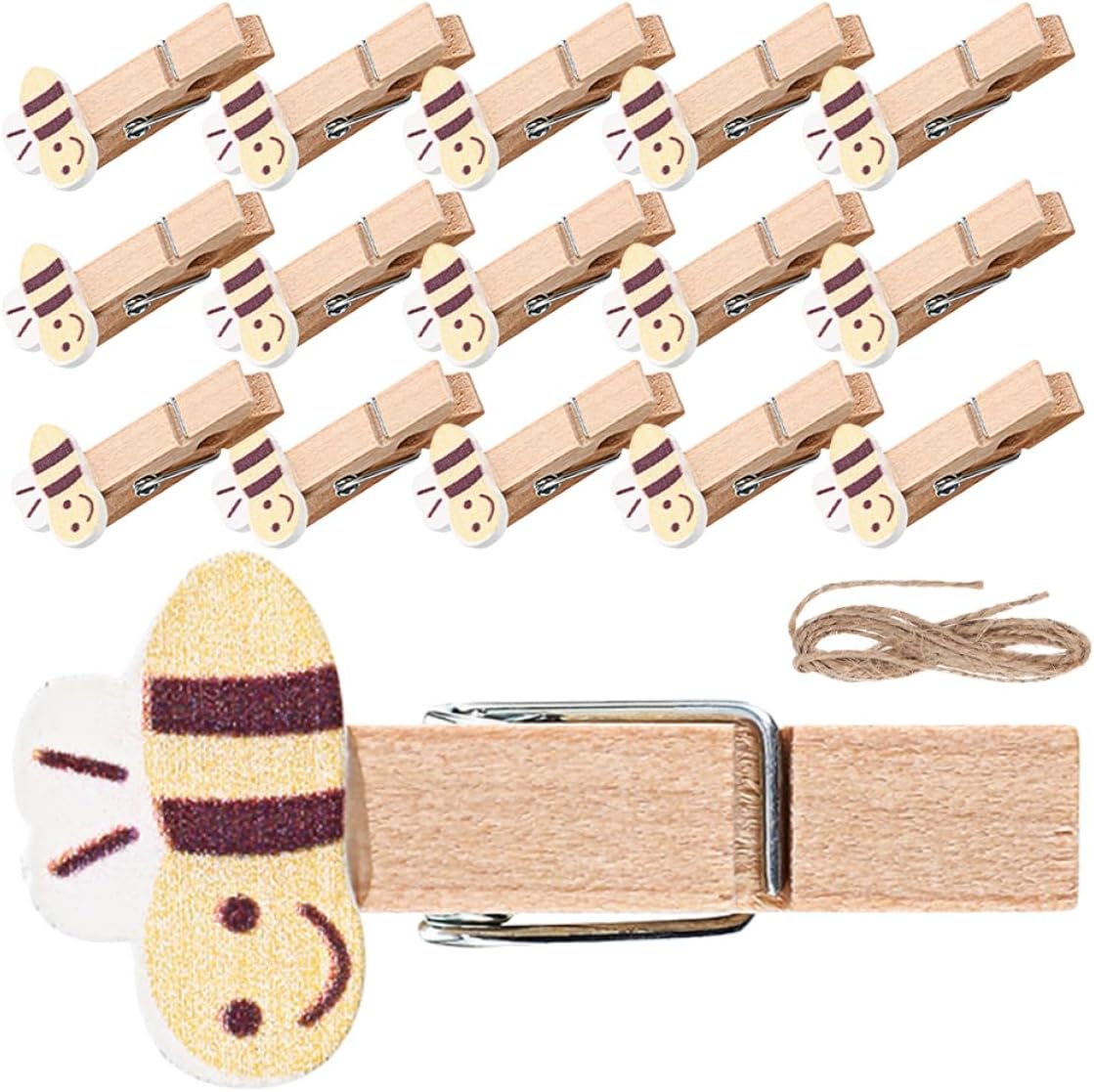 Zerodeko 50pcs Mini Wooden Clothespins: Bee Shaped Clips with Jute Twine for Photos Crafts Snacks Bags Cute Decorative Clips for Party Home Decor