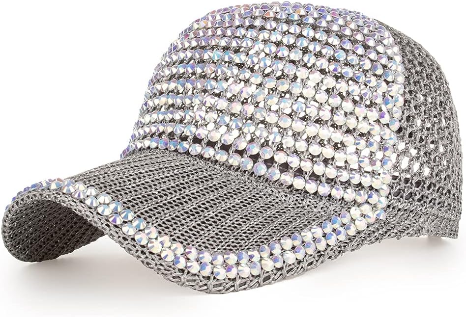 Women Men Studded Rhinestone Crystals Adjustable Ponytail Mesh Baseball Cap Shiny Bling Casual Sports Cap Breathable Sun Hat