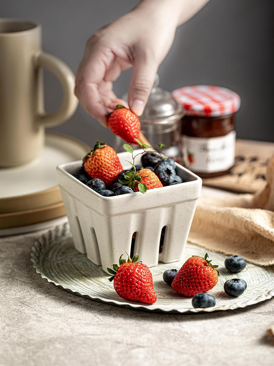 Gomakren Ceramic Berry Basket Set of 2, Square Fruit Bowls with Holes, Rustic Fruit Basket Containers for Kitchen Fridge, Berries, Strawberry, Grape, Cherry - Cream White