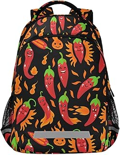JHKKU Cartoon Chili Peppers School Backpack for Boys Girls Portable Wide Shoulder Strap Elementary School Bag Lightweight Travel Bag with Reflective Strip