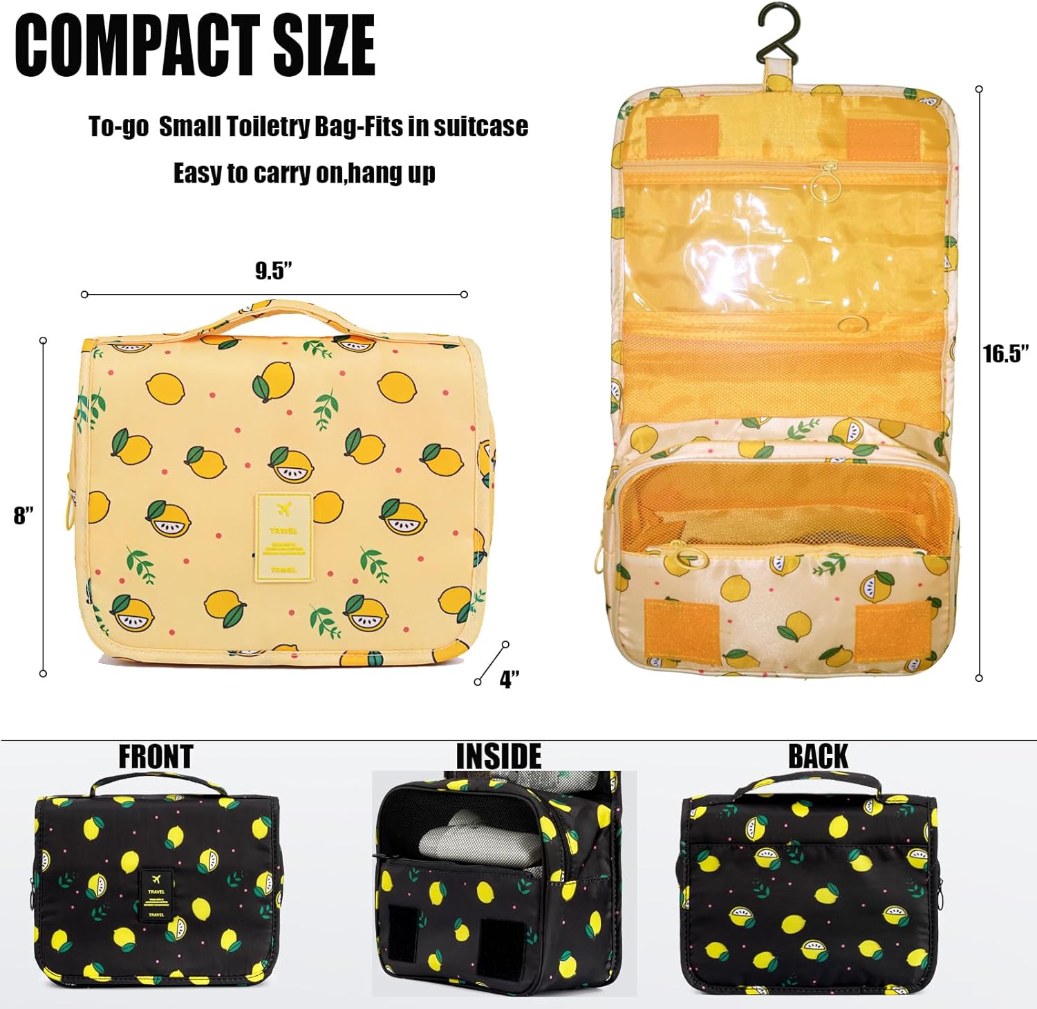 L&FY Hanging Travel Toiletry Bag Women's Cosmetic Organizer Makeup Pouch Men's Shaving Kits With Handle (Yellow Lemon) - Image 2