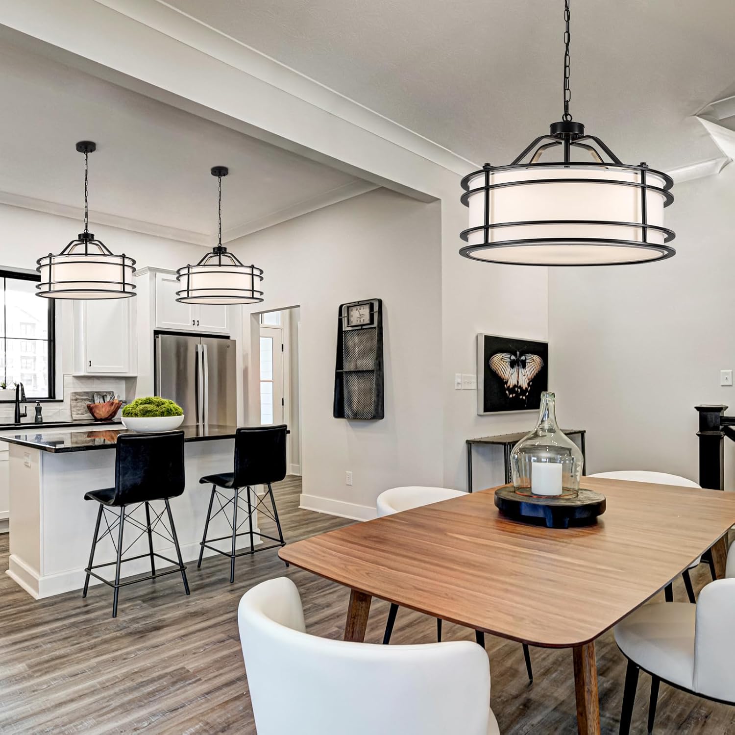 21.6" Modern Drum Chandelier, 5-Light Black Chandeliers with White Fabric Shade, Farmhouse Round Pendant Light Fixture for Dining Living Room Foyer, E26