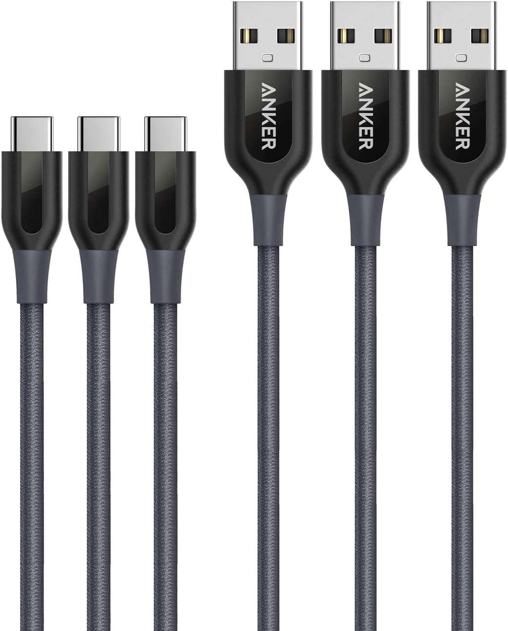 USB Type C Cable, Anker [3-Pack 6ft] Powerline+ USB-C to USB-A, Double-Braided Nylon Fast Charging Cable, for Samsung Galaxy S10/ S9 / S9+ / S8 / S8+ and More (Gray)