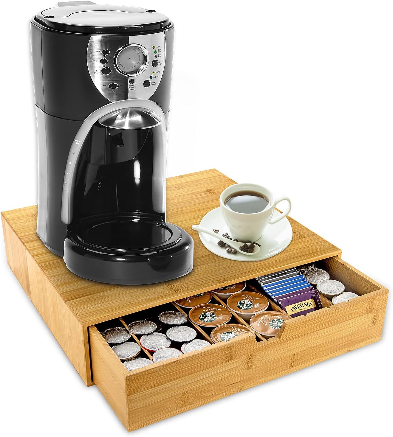 k cup holder storage drawer,kcup k cup espresso coffee pod holder,tea bag organizer - bamboo counter drawer organizers for Kitchen Office Break Rooms Coffee Bar (5 dividers)
