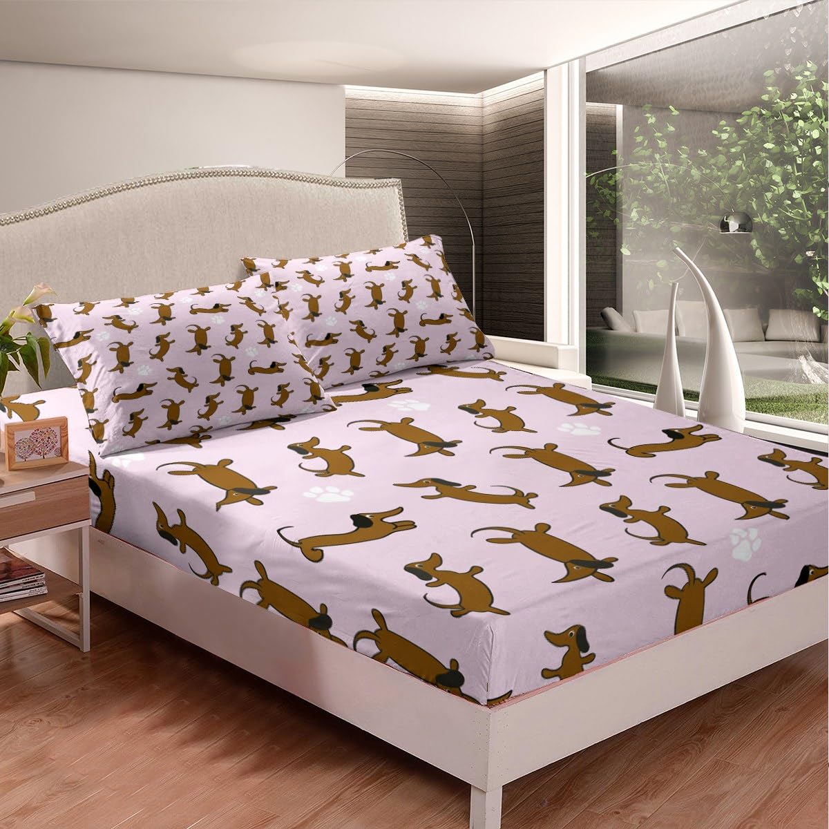 Homemissing Cute Puppy Dog Fitted Sheet Double Size For Kids Boys Girls Teens Pet Weiner Dog Bedding Set Dachshund Sausage dog Sheet with 2 Pillowcases Dog Paw Print Bed Sheet Set,No Flat Sheet