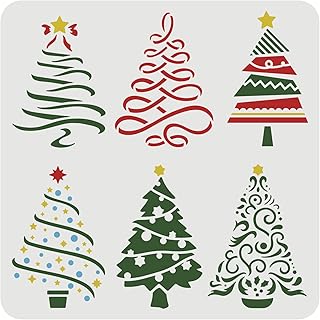 FINGERINSPIRE Christmas Tree Stencils 11.8x11.8 inch 6 Different Christmas Tree Pattern Stencils with Stars Stencils Template Plastic Reusable Tree Stencil for Painting on Wood Floor Wall Window