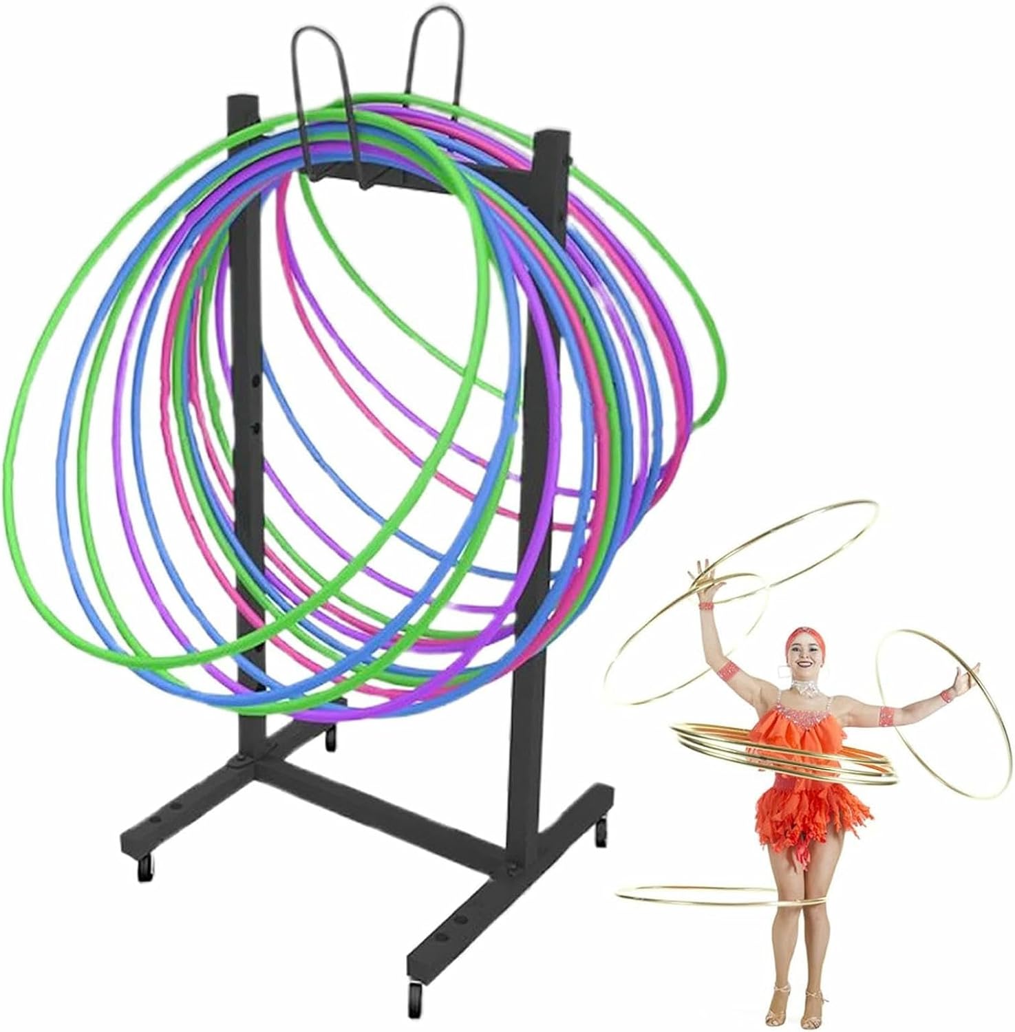 Sports Equipment Cart for Hula Hoop/Jump Rope, Cute Stand Up Hula Hoops Holder with Wheels, Mobile Gymnastic Hoops Organizer