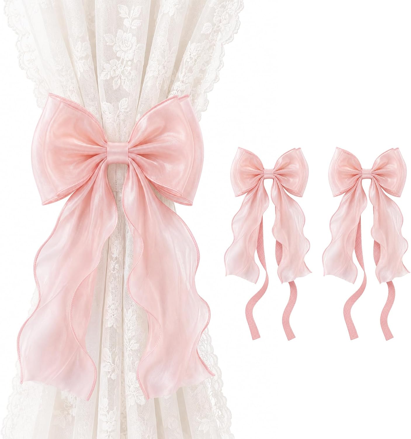 VIS'V Curtain Tiebacks, French Silky Bow Curtain Holdbacks, Pink, 4 Pcs | Ribbon Material, Delicate Bow Shape Design, for Living Room, Bedroom, Nursery, Kitchen, Bathroom, Patio, Balcony, Gazebo