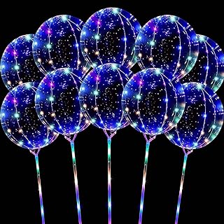 Hokoad 10 Pack LED Balloons with Sticks, 15Pcs 20 Inch Clear Bobo Balloons Light Up Balloons Helium Glow Bubble Balloons Lights for Party Supplies Valentines Decor (Colorful)
