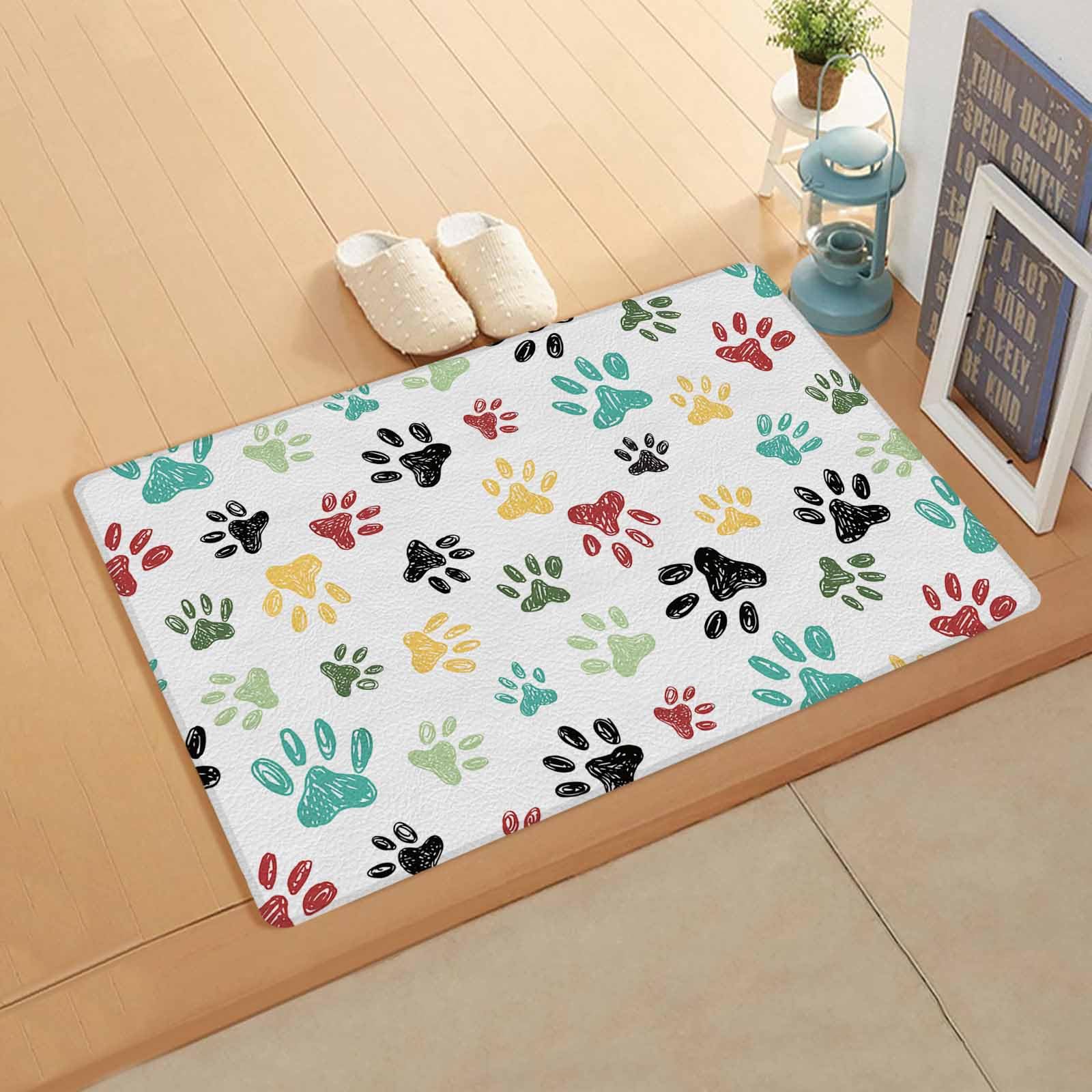 Colorful Pawprint Antifatigue Kitchen Bath Door Mat Cushioned Runner Rug,Washable Welcome Floor Sink Mat,Waterproof & Non-Slip Kitchen Standing Doormat,Animal Paw Black Teal Yellow Red White 18
