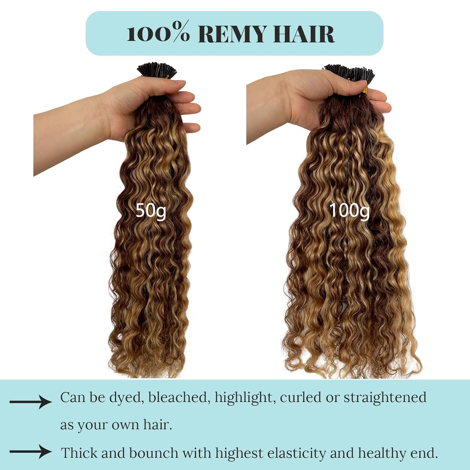 I Tip Hair Extension, Pre Bonded Invisible Brown Balayage Blonde I Tips Cold Fusion Stick Keratin Water Wave I Tip Hair Extensions 50g/50 Strands #4P27 Curly Tipped Hair Extension 28in